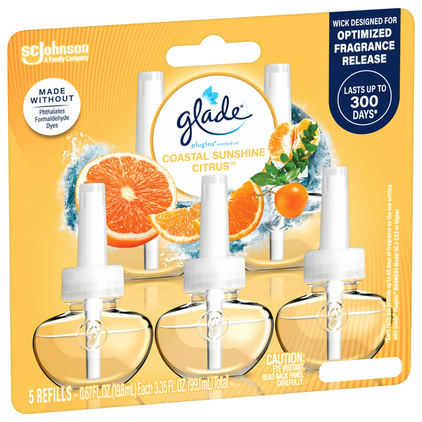 PlugIns Air Freshener Refills, Mothers Day Gifts, Coastal Sunshine Citrus, Infused with Essential Oils, 0.67 oz - 1 pack - 5 Count  per pack - plus 3 My Outlet Mall Resealable Storage Pouches