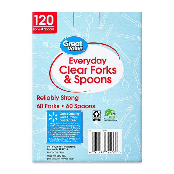Plastic Everyday Clear Fork and Spoon Combo - 1 pack - 120 Count per pack - plus 3 My Outlet Mall Resealable Storage Pouches