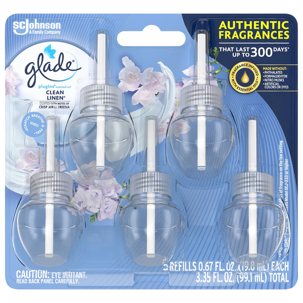 PlugIns Scented Oil, Air Freshener, Clean Linen, 0.67 oz - 1 pack - 5 Count per pack - plus 3 My Outlet Mall Resealable Storage Pouches