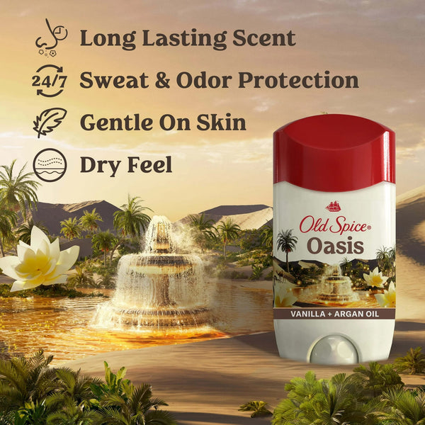 Men's Antiperspirant Deodorant, Invisible Solid Stick, Oasis with Vanilla - 1 pack - 2.6 oz per pack - plus 3 My Outlet Mall Resealable Storage Pouches