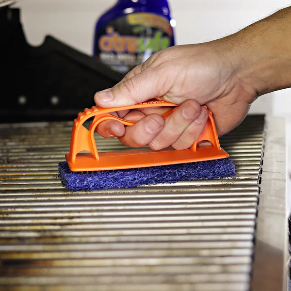 BBQ Grill Scrubber Handle & 3 Heavy Duty Replaceable Blue Nylon Scrubber Pads - 2 packs -  1 count per pack - plus 3 My Outlet Mall Resealable Storage Pouches