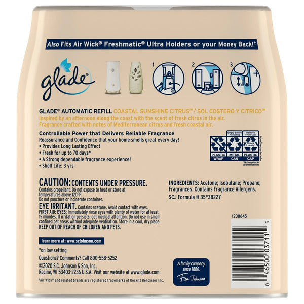 Automatic Spray Refills, Air Freshener, Infused with Essential Oils, Coastal Sunshine Citrus - 2 packs - 2 count per pack - plus 3 My Outlet Mall Resealable Storage Pouches