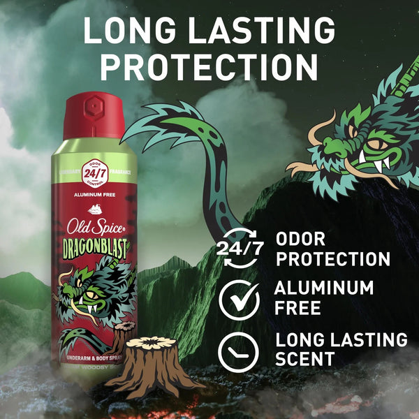 Aluminum Free Body Spray for Men, Dragonblast, Warm Woodsy Scent - 3 packs - 5.1 oz per pack - plus 3 My Outlet Mall Resealable Storage Pouches