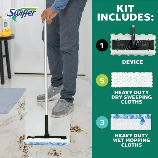 Sweep and Mop Deluxe, 2-in-1 Mopping and Sweeping Kit, Multi-Surface Floor Cleaning, Kit Includes 1 Sweeper Device, 5 Heavy Duty Dry Sweeping Cloths, 3 Heavy Duty Wet Mopping Cloths - 2 packs - plus 3 My Outlet Mall Resealable Storage Pouches