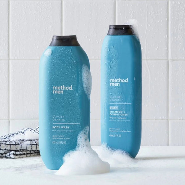 Men Body Wash, Glacier + Granite - 2 packs - 18 oz per pack - plus 3 My Outlet Mall Resealable Storage Pouches