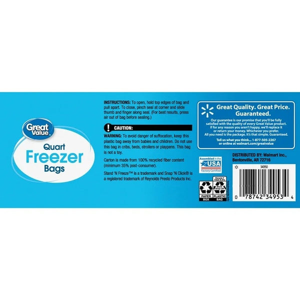 Freezer Guard Double Zipper Freezer Bags, Quart - 2 packs - 50 Count per pack - plus 3 My Outlet Mall Resealable Storage Pouches