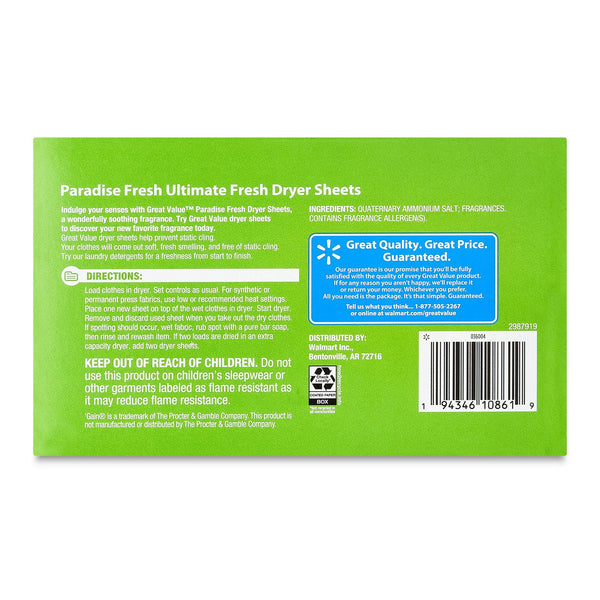 Ultimate Fresh Dryer Sheets, Paradise Fresh -2 pack - 180 count per pack - plus 3 My Outlet Mall Resealable Storage Pouches