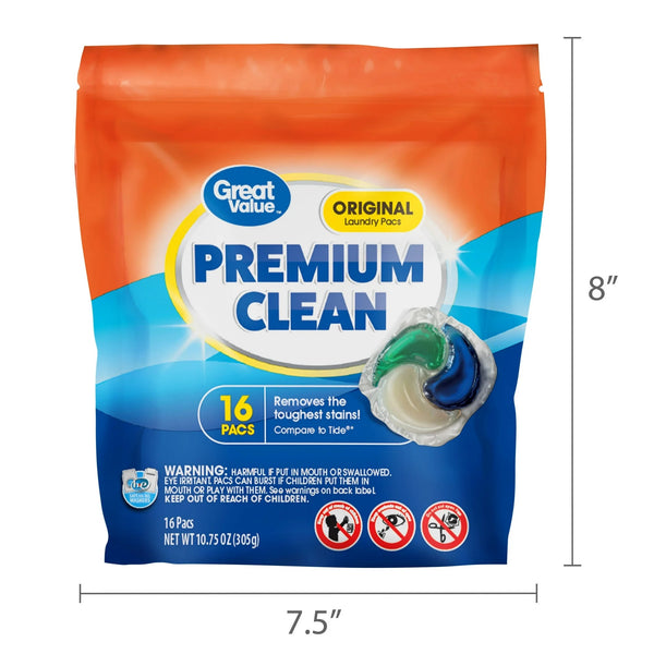 Premium Clean Laundry Pacs Original Scent - 1 pack - 16 Count - plus 3 My Outlet Mall Resealable Storage Pouches
