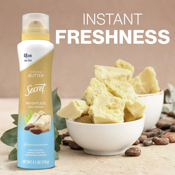 Weightless Dry Spray Antiperspirant & Deodorant for Women, Cocoa Butter Scent - 1 pack - 4.1 oz per pack - plus 3 My Outlet Mall Resealable Storage Pouches