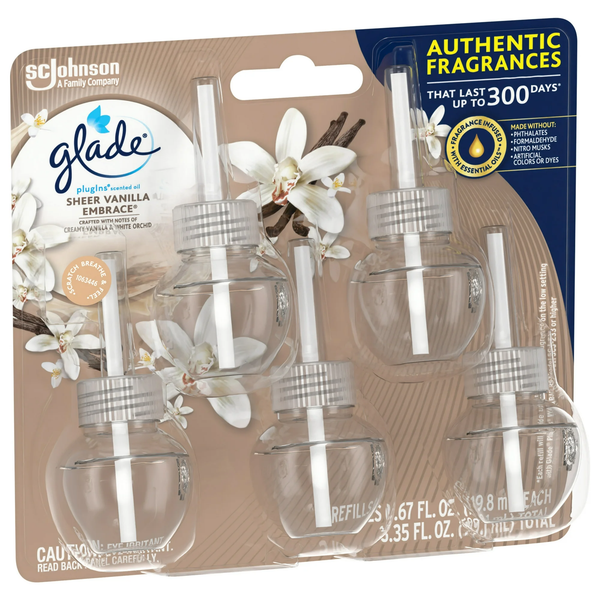 PlugIns Scented Oil, Sheer Vanilla Embrace, Infused with Essential Oils, 0.67 oz - 2 packs - 5 Count  per pack - plus 3 My Outlet Mall Resealable Storage Pouches