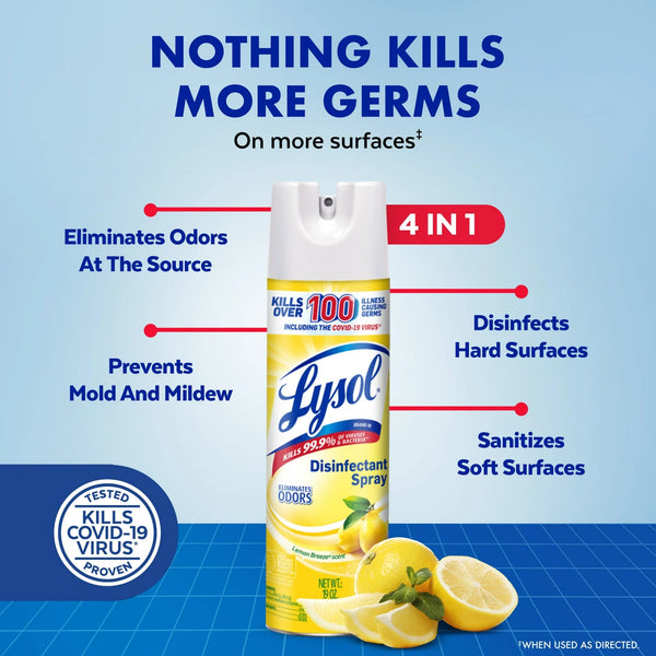 Disinfectant Spray, Sanitizing and Antibacterial Spray, For Disinfecting and Deodorizing, Lemon Breeze - 1 pack - 19 Fl oz per pack - plus 3 My Outlet Mall Resealable Storage Pouches