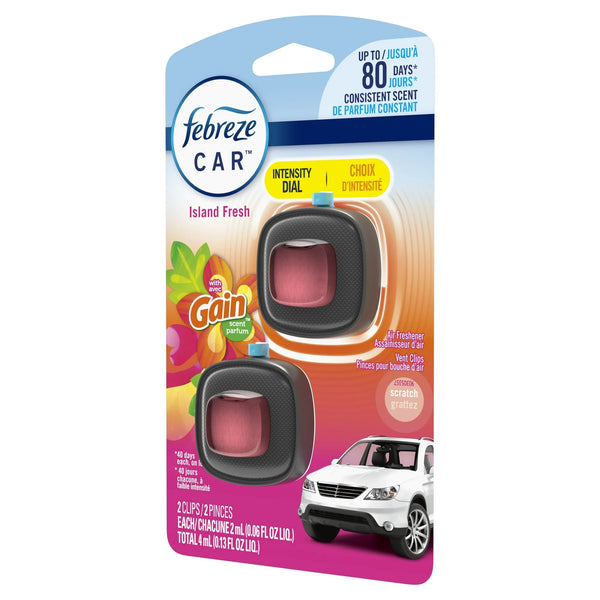 Car Air Freshener, Odor-Fighting Car Vent Clip, Gain Island Fresh, 2 Count - 1 pack - plus 3 My Outlet Mall Resealable Storage Pouches