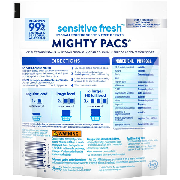 Sensitive Fresh Mighty Pacs Laundry Detergent Pacs, Hypoallergenic Spring Breeze Scent, Gentle for Sensitive Skin, HE Compatible - 2 packs - 19 Count - plus 3 My Outlet Mall Resealable Storage Pouches