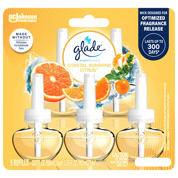 PlugIns Air Freshener Refills, Mothers Day Gifts, Coastal Sunshine Citrus, Infused with Essential Oils, 0.67 oz - 1 pack - 5 Count  per pack - plus 3 My Outlet Mall Resealable Storage Pouches