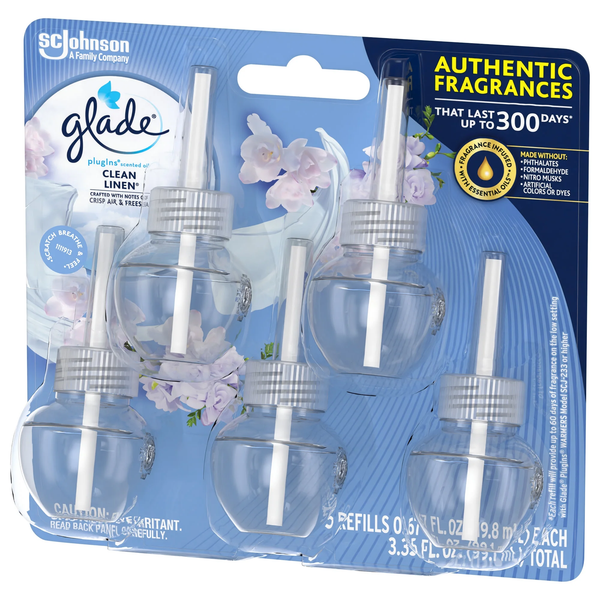 PlugIns Scented Oil, Air Freshener, Clean Linen, 0.67 oz - 1 pack - 5 Count per pack - plus 3 My Outlet Mall Resealable Storage Pouches