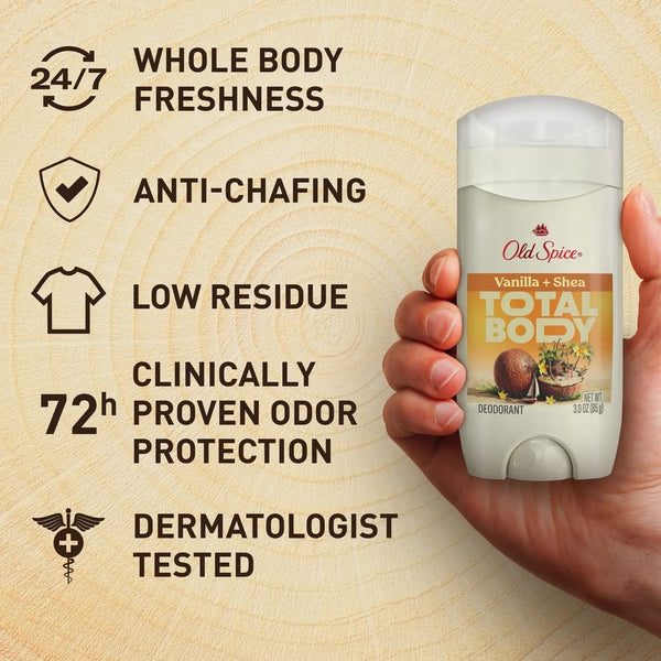Whole Body Deodorant for Men, Aluminum Free Vanilla + Shea Butter, 24/7 Total Body Freshness, Anti-chafe Stick - 1 pack - 3 oz per pack - plus 3 My Outlet Mall Resealable Storage Pouches
