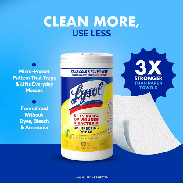 Disinfectant Wipes, Multi-Surface Antibacterial Cleaning Wipes, Lemon and Lime Blossom - 2 packs - 80 count per pack - plus 3 My Outlet Mall Resealable Storage Pouches