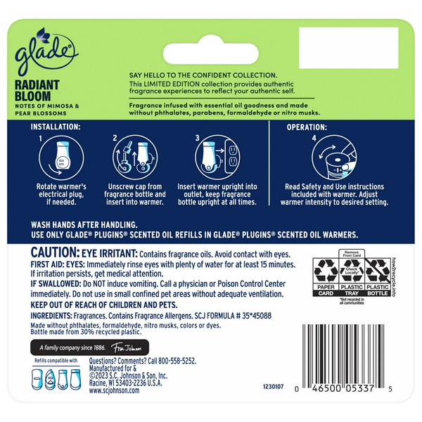 PlugIns Scented Oil Air Freshener, Radiant Bloom Limited Edition, 3.35 oz - 2 packs - 5 Count  per pack - plus 3 My Outlet Mall Resealable Storage Pouches