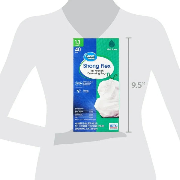 Strong Flex Tall Kitchen Drawstring Bags, Mint Scent, 13 Gallon - 1 pack - 40 Count per pack - plus 3 My Outlet Mall Resealable Storage Pouches