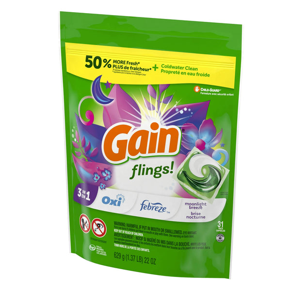 Flings Laundry Detergent Pacs with Odor Defense, Super Fresh Blast Scent - 1 pack - 31 Count - plus 3 My Outlet Mall Resealable Storage Pouches