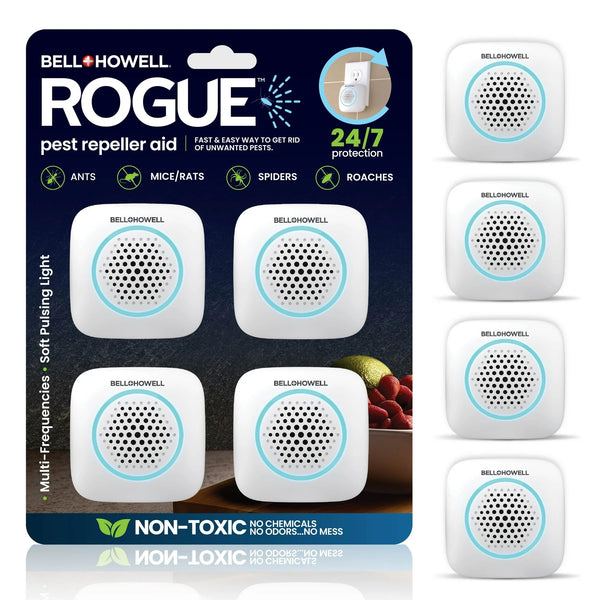 Rogue Ultrasonic Pest Repeller Aid for Home, Mouse Rodent Insect Bug Repellent - 2 packs - 4 Count - plus 3 My Outlet Mall Resealable Storage Pouches