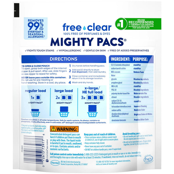 Mighty Pacs Laundry Detergent Pacs, Free Clear for Sensitive Skin, Unscented and Dye Free - 1 pack - 19 Count - plus 3 My Outlet Mall Resealable Storage Pouches