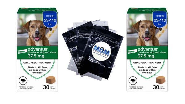 Chewable Flea Treatment for Dogs 23, 110 lbs, 2 pack, 30 Soft Chews per pack, plus 3 My Outlet Mall Resealable Storage Pouches