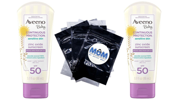 Baby Continuous Protection Zinc Oxide Mineral Sunscreen SPF 50, 2 pack, 3fl oz per pack, Aveeno, plus 3 My Outlet Mall Resealable Storage Pouches