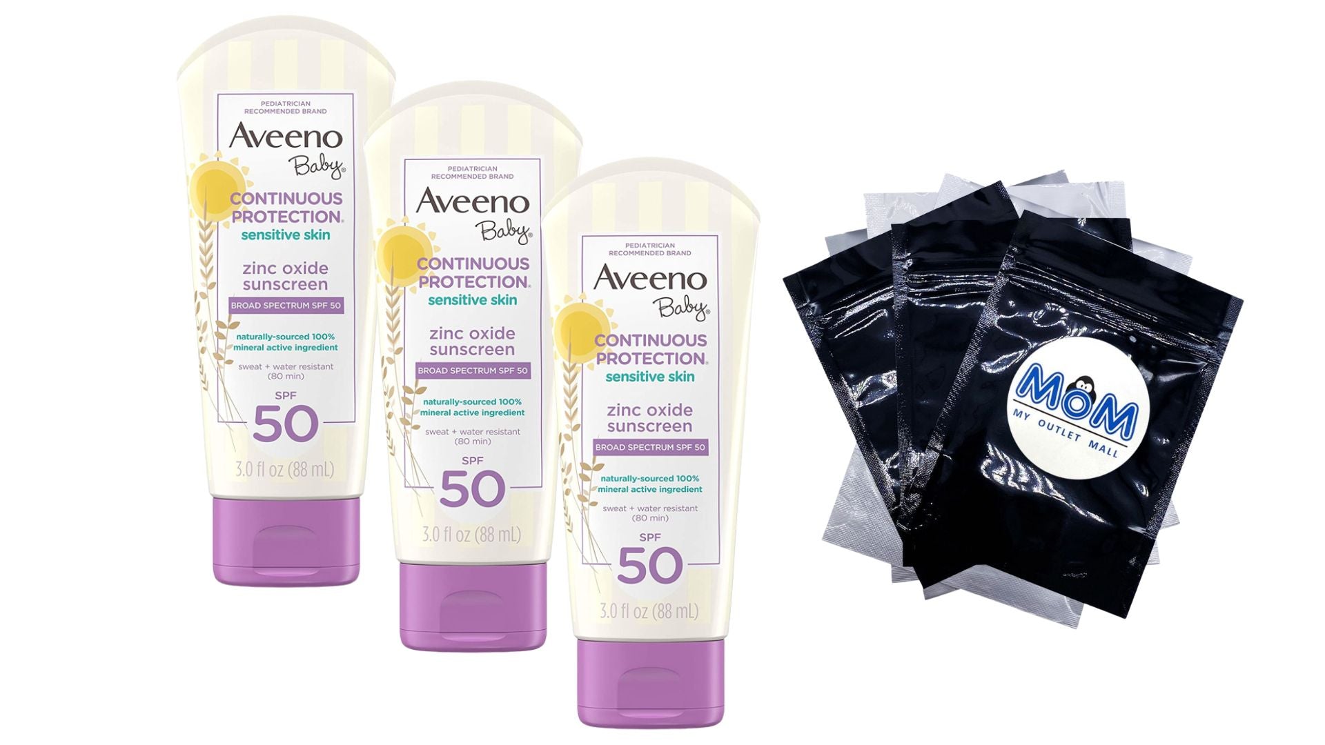 Baby Continuous Protection Zinc Oxide Mineral Sunscreen SPF 50, 3 pack, 3fl oz per pack, Aveeno, plus 3 My Outlet Mall Resealable Storage Pouches