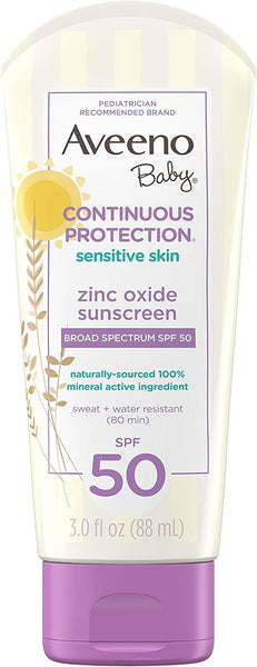 Baby Continuous Protection Zinc Oxide Mineral Sunscreen SPF 50, 2 pack, 3fl oz per pack, Aveeno, plus 3 My Outlet Mall Resealable Storage Pouches