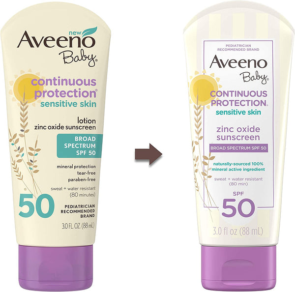 Baby Continuous Protection Zinc Oxide Mineral Sunscreen SPF 50, 2 pack, 3fl oz per pack, Aveeno, plus 3 My Outlet Mall Resealable Storage Pouches