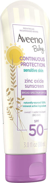 Baby Continuous Protection Zinc Oxide Mineral Sunscreen SPF 50, 3 pack, 3fl oz per pack, Aveeno, plus 3 My Outlet Mall Resealable Storage Pouches