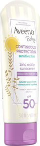 Baby Continuous Protection Zinc Oxide Mineral Sunscreen SPF 50, 2 pack, 3fl oz per pack, Aveeno, plus 3 My Outlet Mall Resealable Storage Pouches