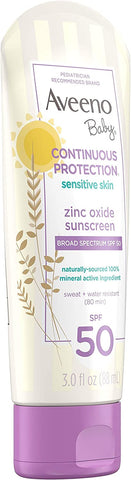 Baby Continuous Protection Zinc Oxide Mineral Sunscreen SPF 50, 2 pack, 3fl oz per pack, Aveeno, plus 3 My Outlet Mall Resealable Storage Pouches