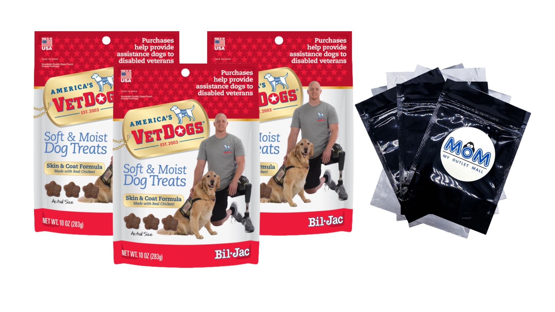 VetDogs Veteran's K-9 Corps Soft & Moist Dog Treats, Skin and Coat Formula, 3 pack, 10 oz per pack, plus 3 My Outlet Mall Resealable Storage Pouches