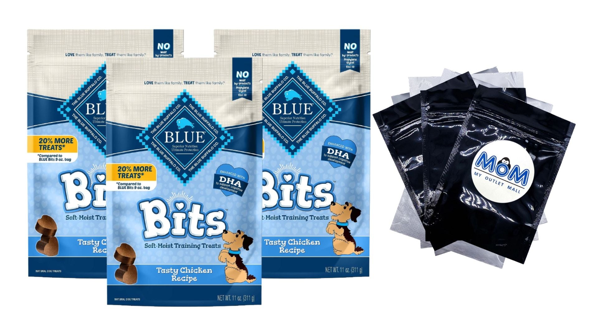 Blue Bits Training Treats Chicken Flavor Soft Treats for Dogs, Whole Grain, 3 pack, 11 oz per pack, plus 3 My Outlet Mall Resealable Storage Pouches