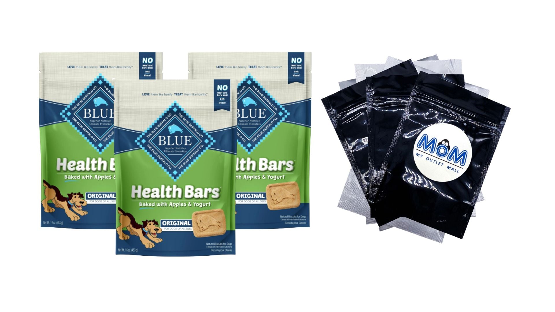 Health Bars Apple & Yogurt Flavor Crunchy Biscuit Treats for Dogs, Whole Grain, 3 pack, 16 oz per pack, plus 3 My Outlet Mall Resealable Storage Pouches