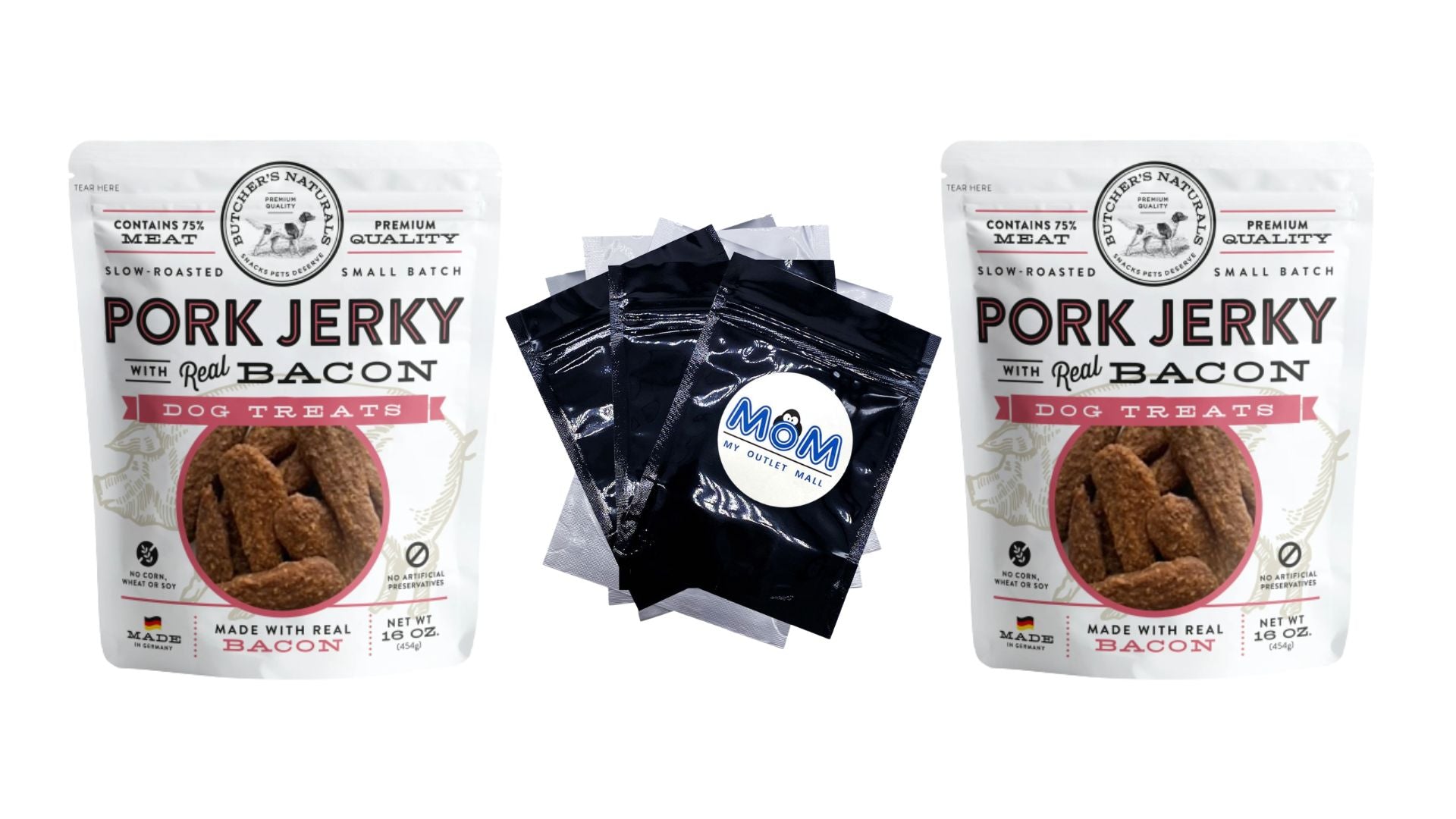 Dry Pork & Bacon Jerky Treats for Dogs, 2 pack, 16 oz per pack, plus 3 My Outlet Mall Resealable Storage Pouches