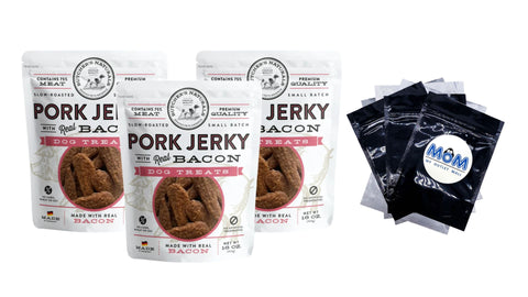 Dry Pork & Bacon Jerky Treats for Dogs, 3 pack, 16 oz per pack, plus 3 My Outlet Mall Resealable Storage Pouches