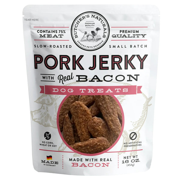 Dry Pork & Bacon Jerky Treats for Dogs, 3 pack, 16 oz per pack, plus 3 My Outlet Mall Resealable Storage Pouches