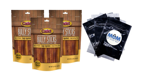 Bully Sticks Dog Treats, 3 pack, 5.2 oz per pack, plus 3 My Outlet Mall Resealable Storage Pouches