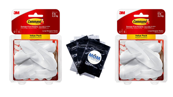 Large Designer Hooks, White, Hang Decoration Damage-free, 2 pack, 4 wall hooks per pack, Command, plus 3 My Outlet Mall Resealable Storage Pouches