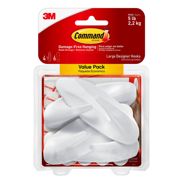 Large Designer Hooks, White, Hang Decoration Damage-free, 2 pack, 4 wall hooks per pack, Command, plus 3 My Outlet Mall Resealable Storage Pouches