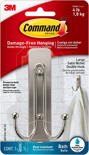 Large Double Bathroom Wall Hooks, Satin Nickel, Damage-free Hanging, 3 pack, 1 metal hook per pack,  Command, plus 3 My Outlet Mall Resealable Storage Pouches