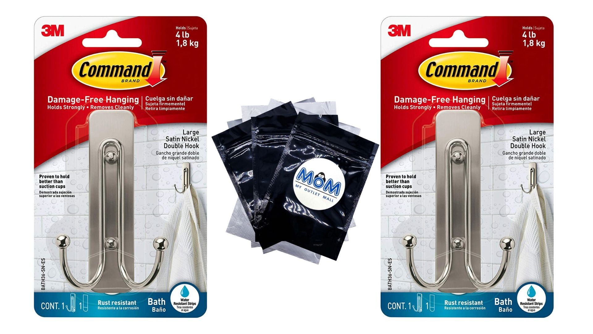 Command Large Double Bathroom Wall Hooks, Satin Nickel, Damage-free Hanging, Command, 2 pack, 1 metal hook per pack, plus 3 My Outlet Mall Resealable Storage Pouches