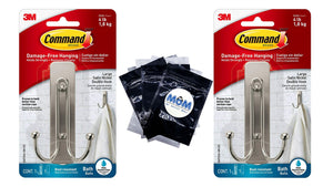 Command Large Double Bathroom Wall Hooks, Satin Nickel, Damage-free Hanging, Command, 2 pack, 1 metal hook per pack, plus 3 My Outlet Mall Resealable Storage Pouches