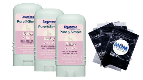 Pure and Simple Baby Sunscreen Stick SPF 50, 3 pack, 0.49 oz per pack, Coppertone, plus 3 My Outlet Mall Resealable Storage Pouches