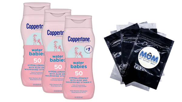 WaterBabies SPF 50 Baby Sunscreen Lotion, 3 pack, 8fl oz per pack, Coppertone, plus 3 My Outlet Mall Resealable Storage Pouches