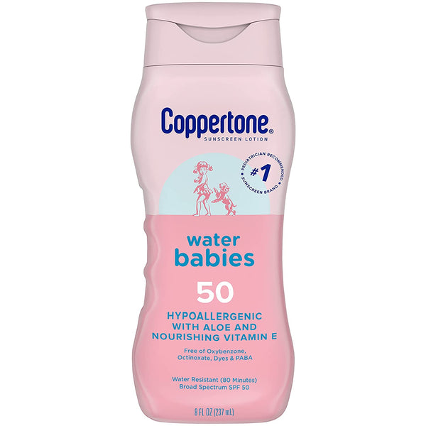 WaterBabies SPF 50 Baby Sunscreen Lotion, 1 pack, 8fl oz, Coppertone, plus 3 My Outlet Mall Resealable Storage Pouches