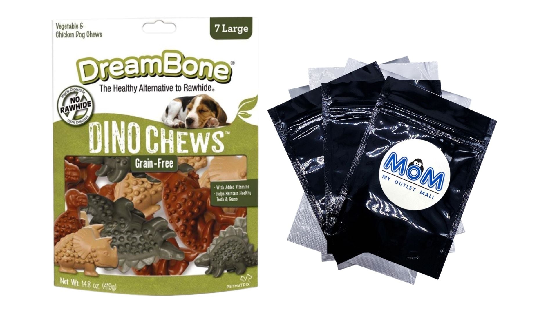 Dino Chews, Grain-Free, Rawhide-Free Dog Chews, Large, 1 pack, 14.8 oz (7 Count) plus 3 My Outlet Mall Resealable Storage Pouches